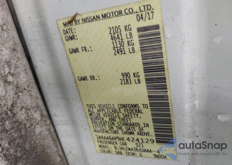 2017 Nissan Maxima 3.5 Sl z USA, uszkodzony, nr VIN 1N4AA6AP9HC424129